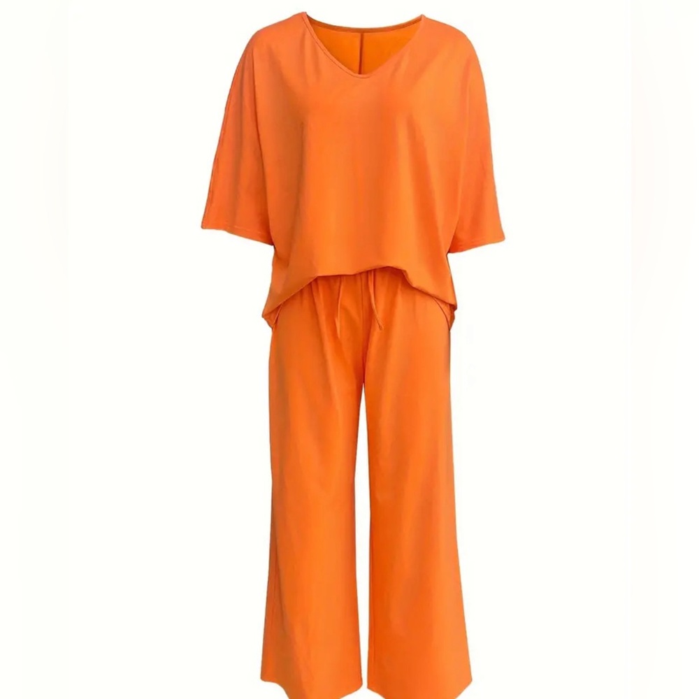 Casual Solid Color Pants Set, Half Sleeve V Neck Top & Wide Leg Pants Outfit - Picture 2 of 3